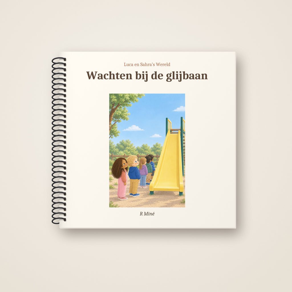 Wachten bij de glijbaan – voorkant, spiraalgebonden prentenboek