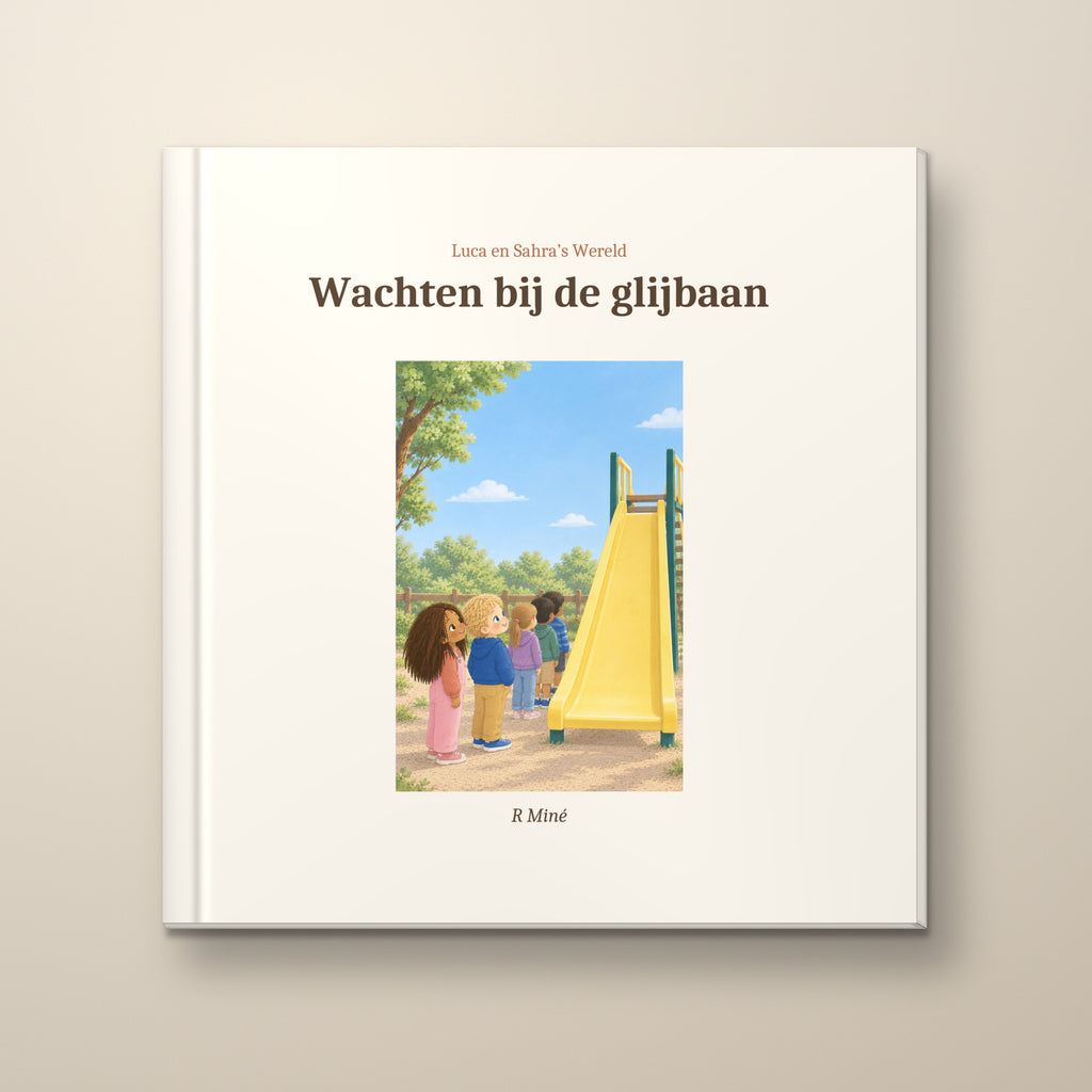 Wachten bij de glijbaan – voorkant, hardcover prentenboek